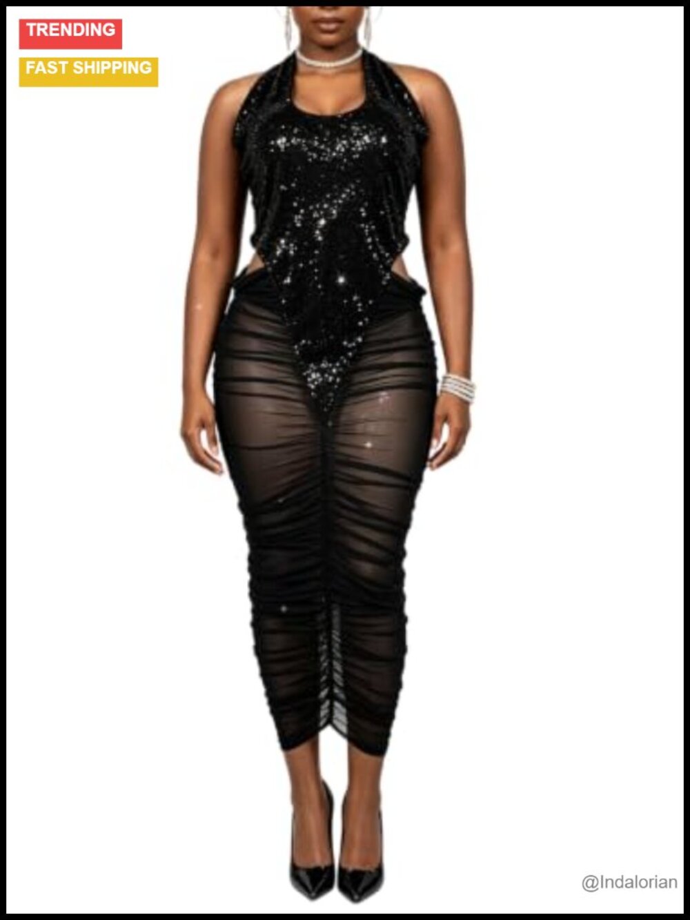 Sequin Halter Backless Maxi Dress See Through Mesh Hem Party